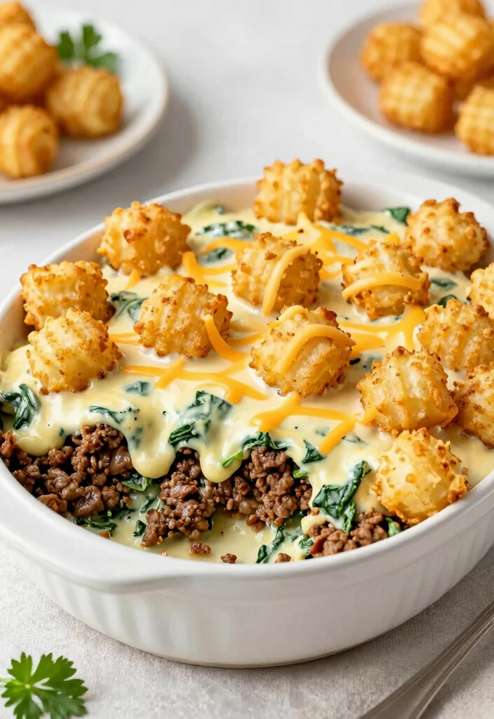 17 Hamburger Tater Tot Casserole Recipes Cheesy Family Hits - 14. Cheesy Spinach Hamburger Tater Tot Casserole 1
