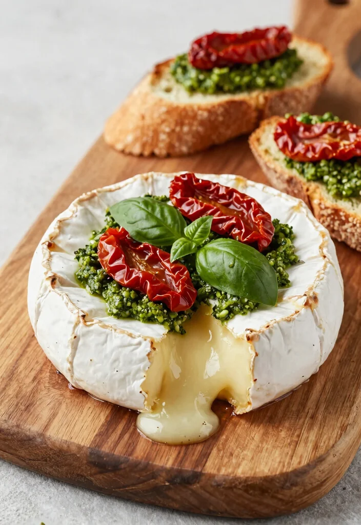 18 Brie Cheese Recipes: Baked Melty Elegant Appetizers - 7. Pesto and Sun-Dried Tomato Baked Brie 1