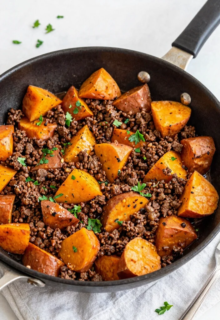 18 Ground Beef Breakfast Recipes: Protein-Packed Starts - 18. Ground Beef and Sweet Potato Skillet 1
