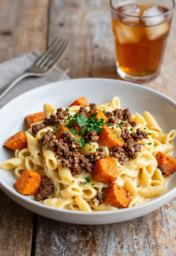 18 Ground Beef Pasta Recipes Cheesy Family Pleasers - 17. Cheesy Ground Beef & Sweet Potato Pasta 1