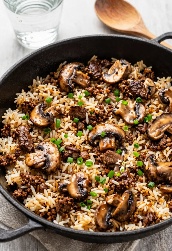 18 Ground Beef and Mushroom Recipes Rich Umami Plates - 3. One-Pan Beef and Mushroom Rice Skillet 1