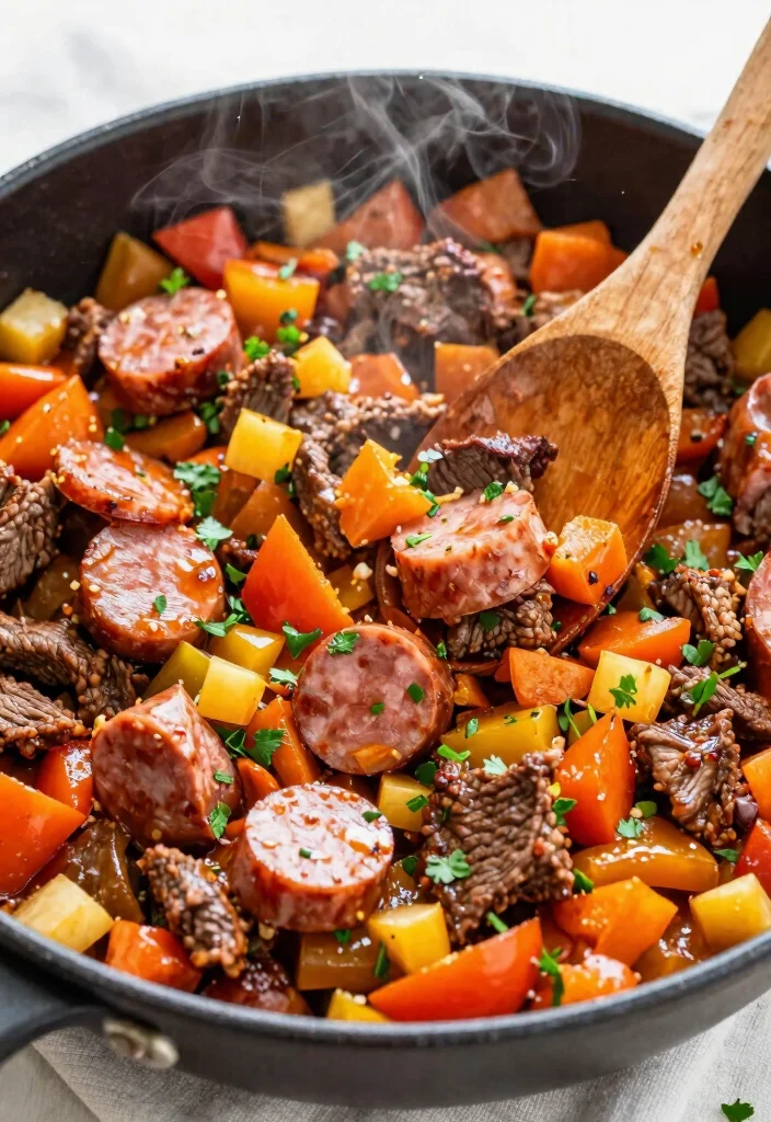 18 Ground Beef and Sausage Recipes: Bold Savory Combos - 2. Spicy Sausage and Beef Skillet 1