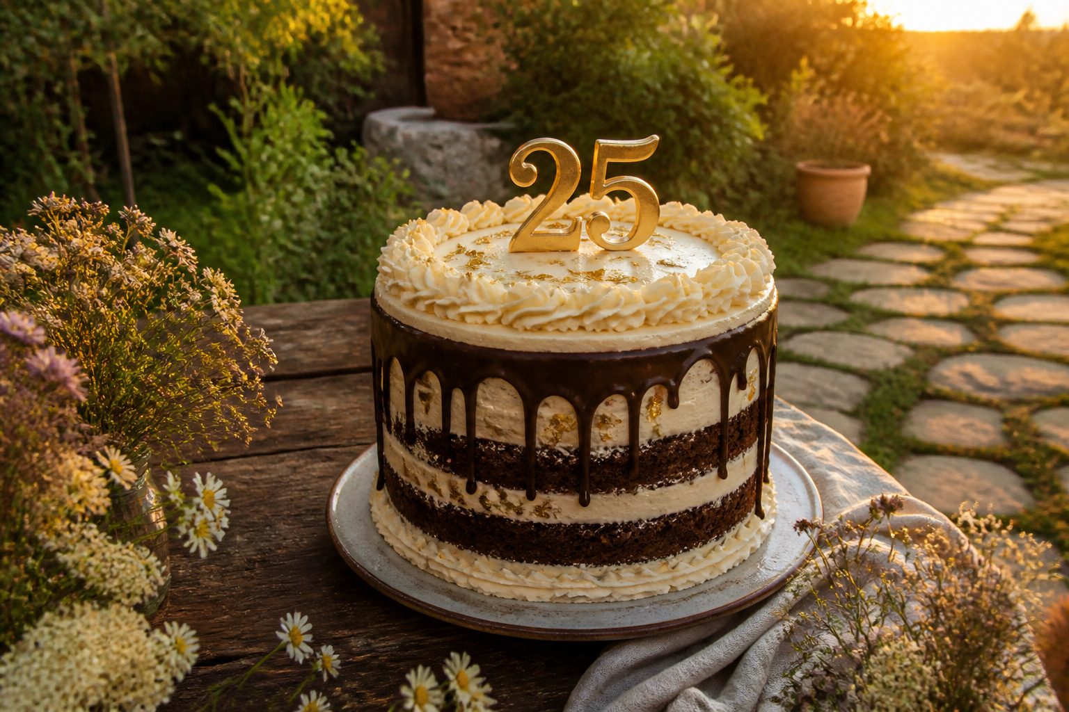 Various 25th birthday cakes in different styles and flavors.