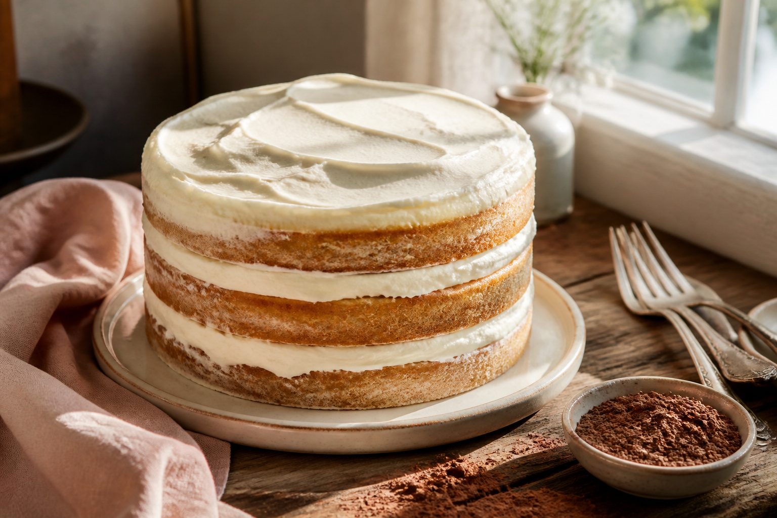 Three-layer cake with vanilla buttercream frosting and decorative toppings.