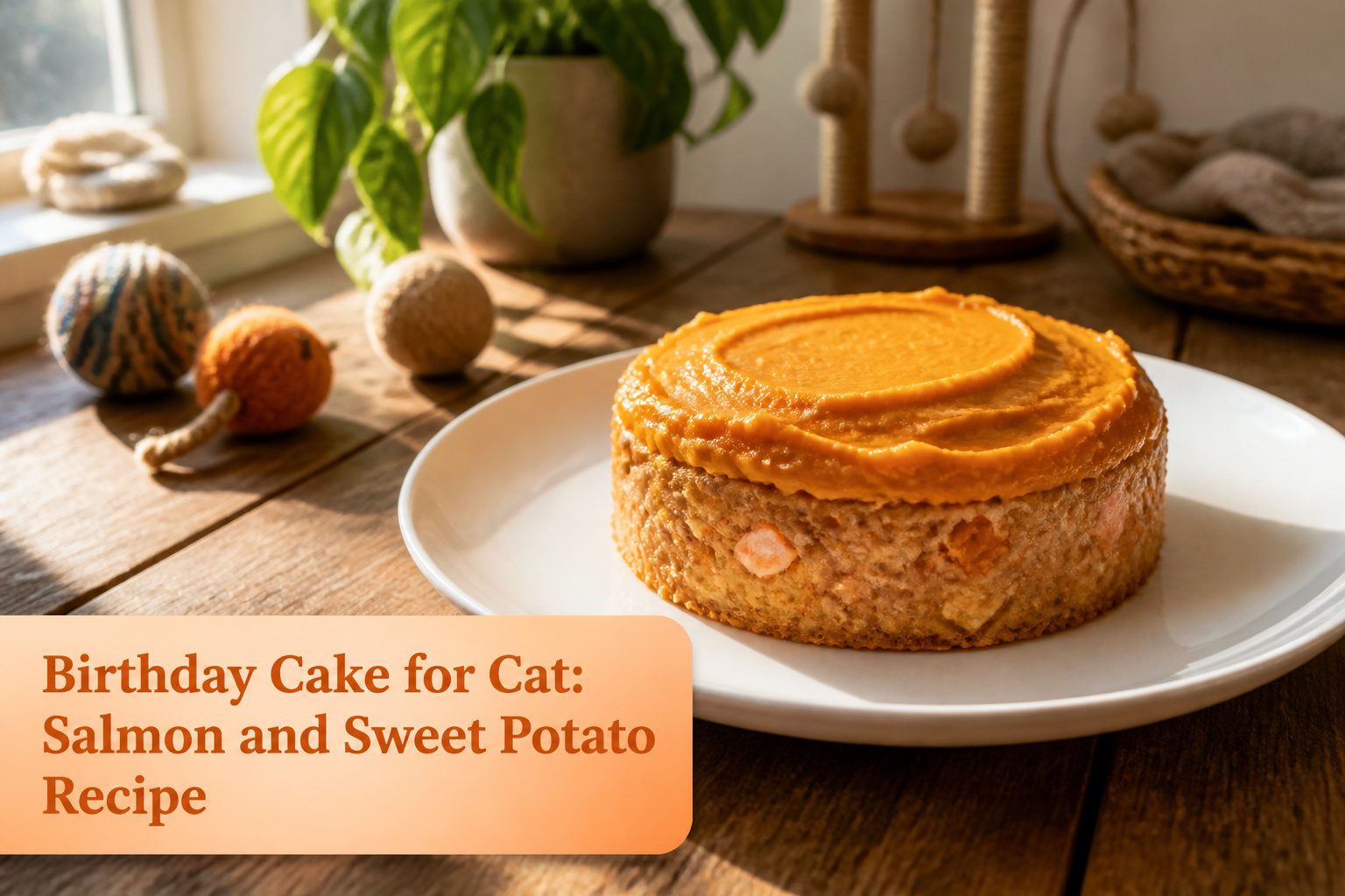 A birthday cake for a cat, decorated with pumpkin puree and cat treats.