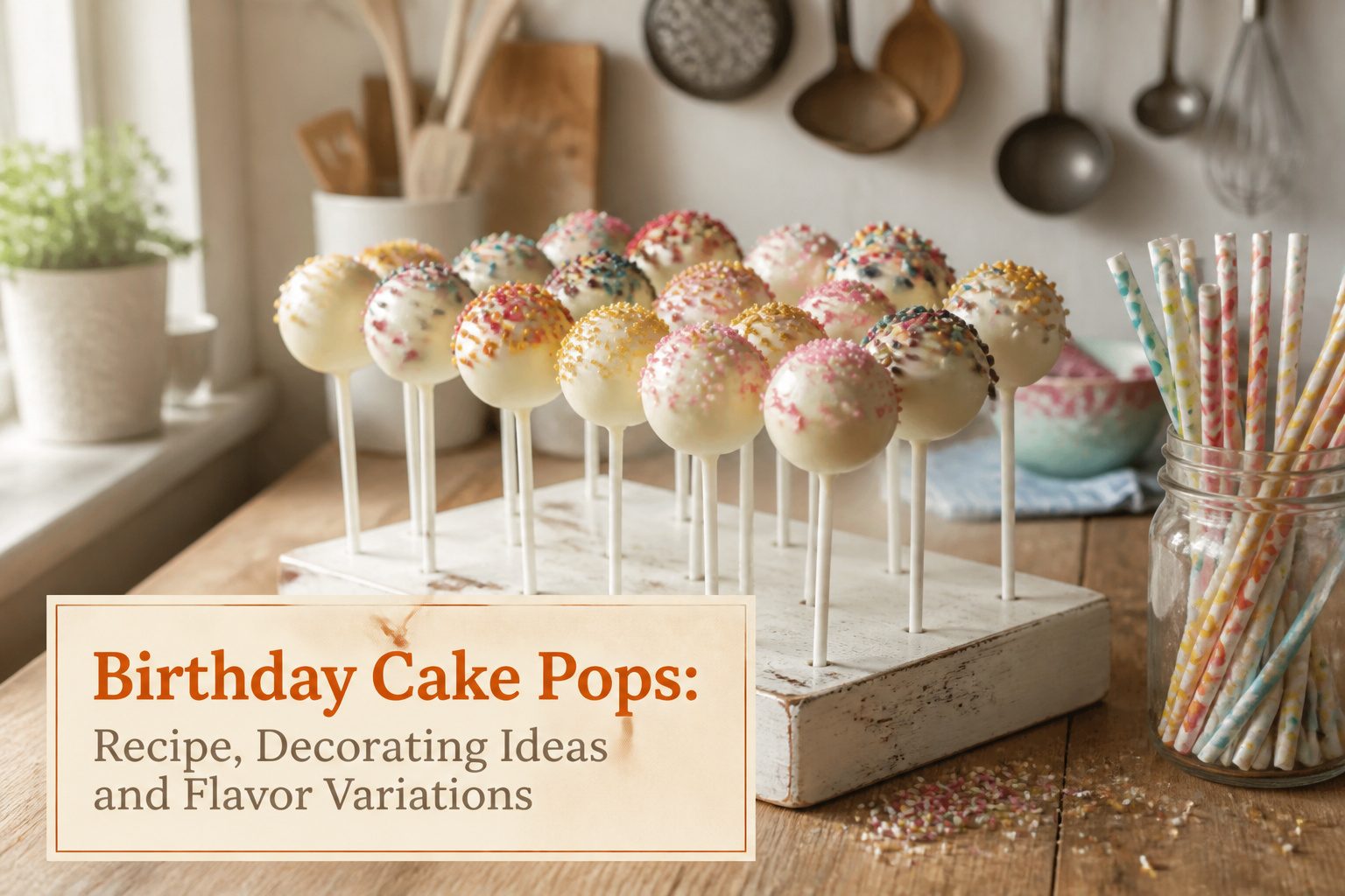 Various birthday cake pops in different colors and designs on a platter.