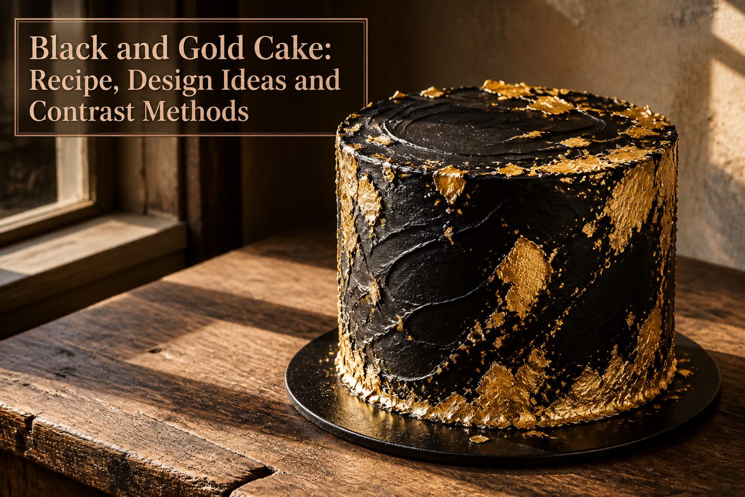 Black and gold cake with intricate design details and shiny gold accents.