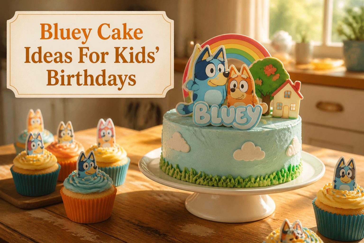 An assortment of Bluey birthday cakes in different styles and designs.