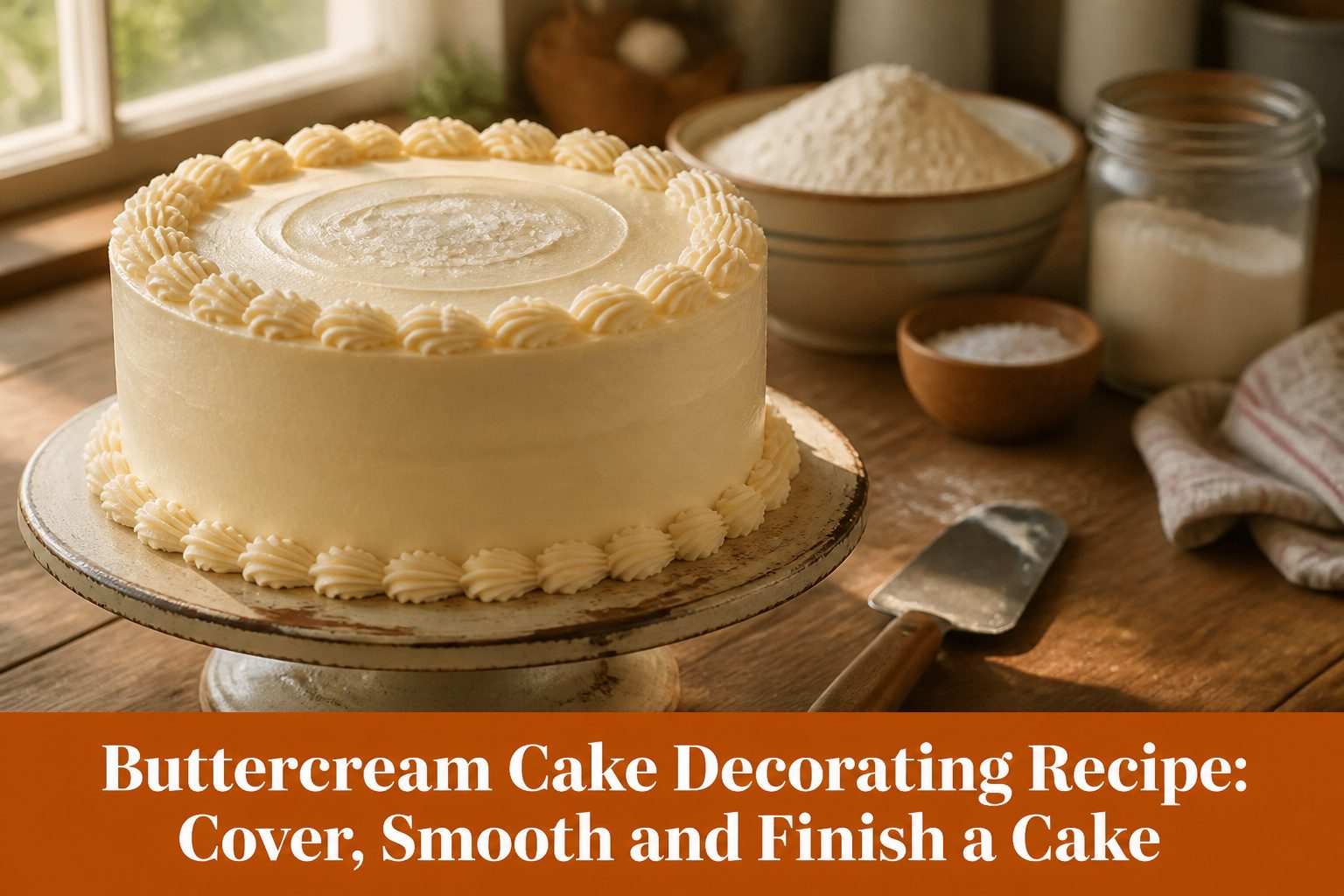 A decorated buttercream cake with smooth edges and colorful frosting.