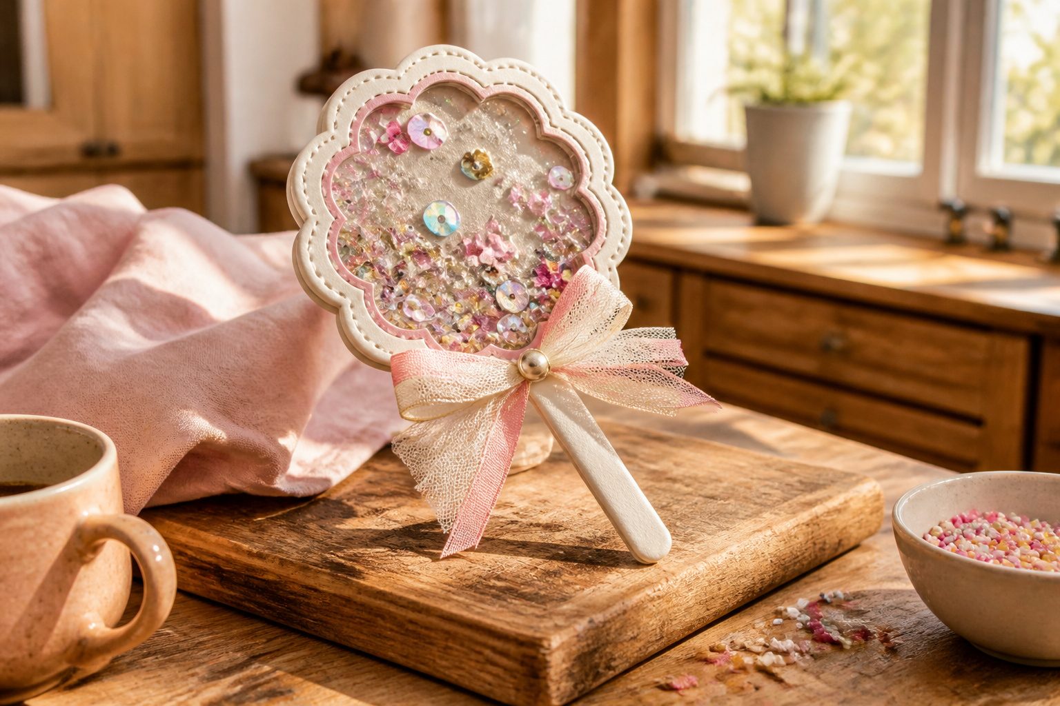 A colorful cake topper shaker with sequins and glitter inside.