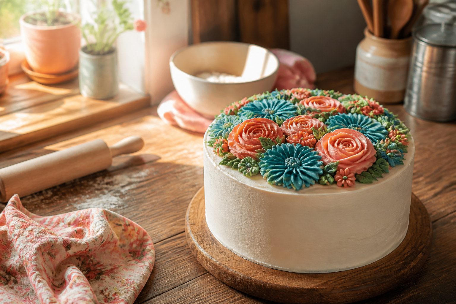 Cake decorated with various buttercream flowers on top.