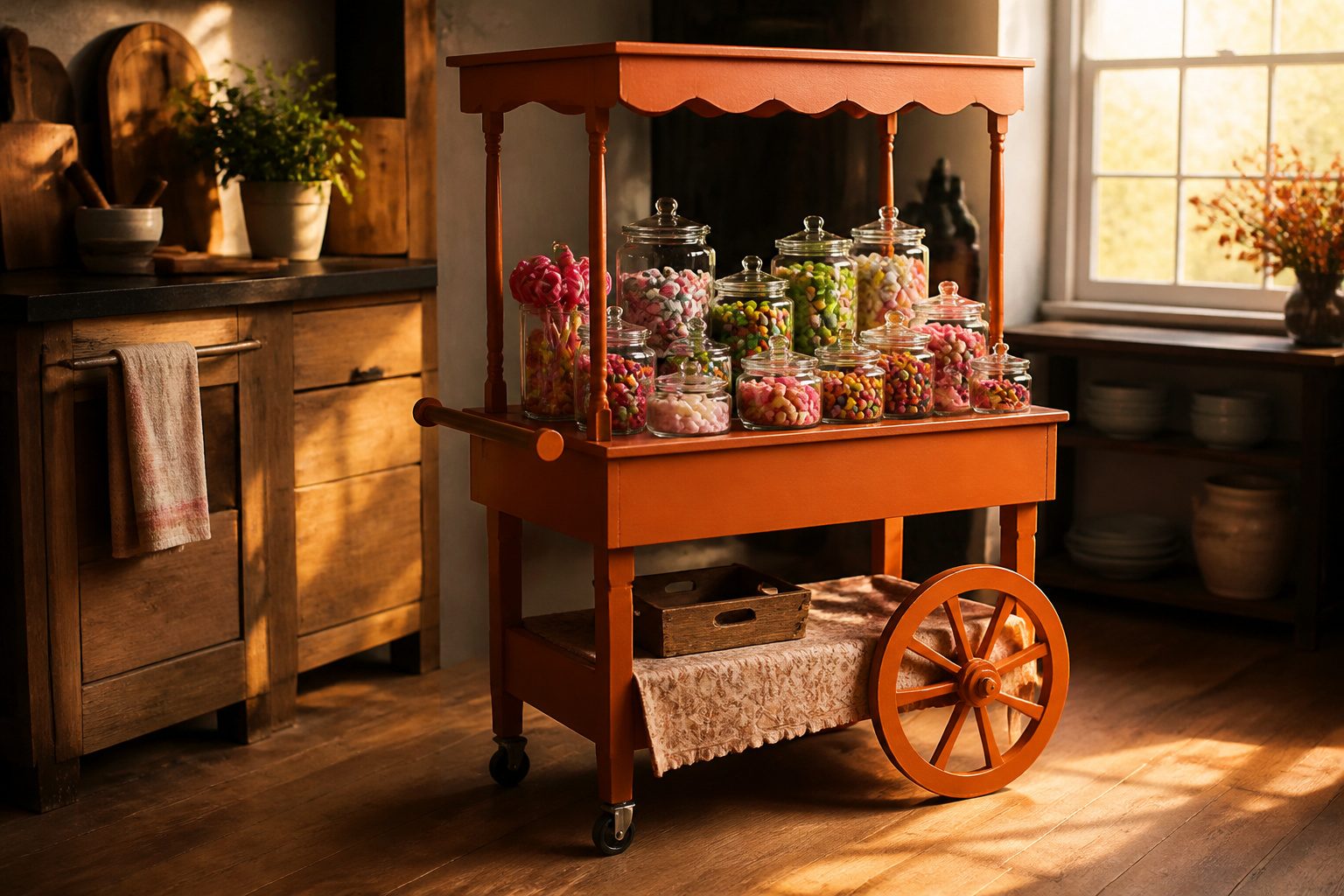 A colorful candy cart loaded with various candies and decorations.