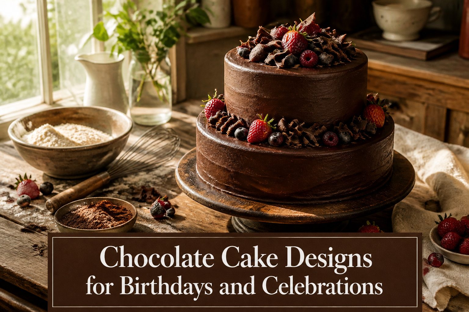 Various chocolate cake designs for birthdays and celebrations.