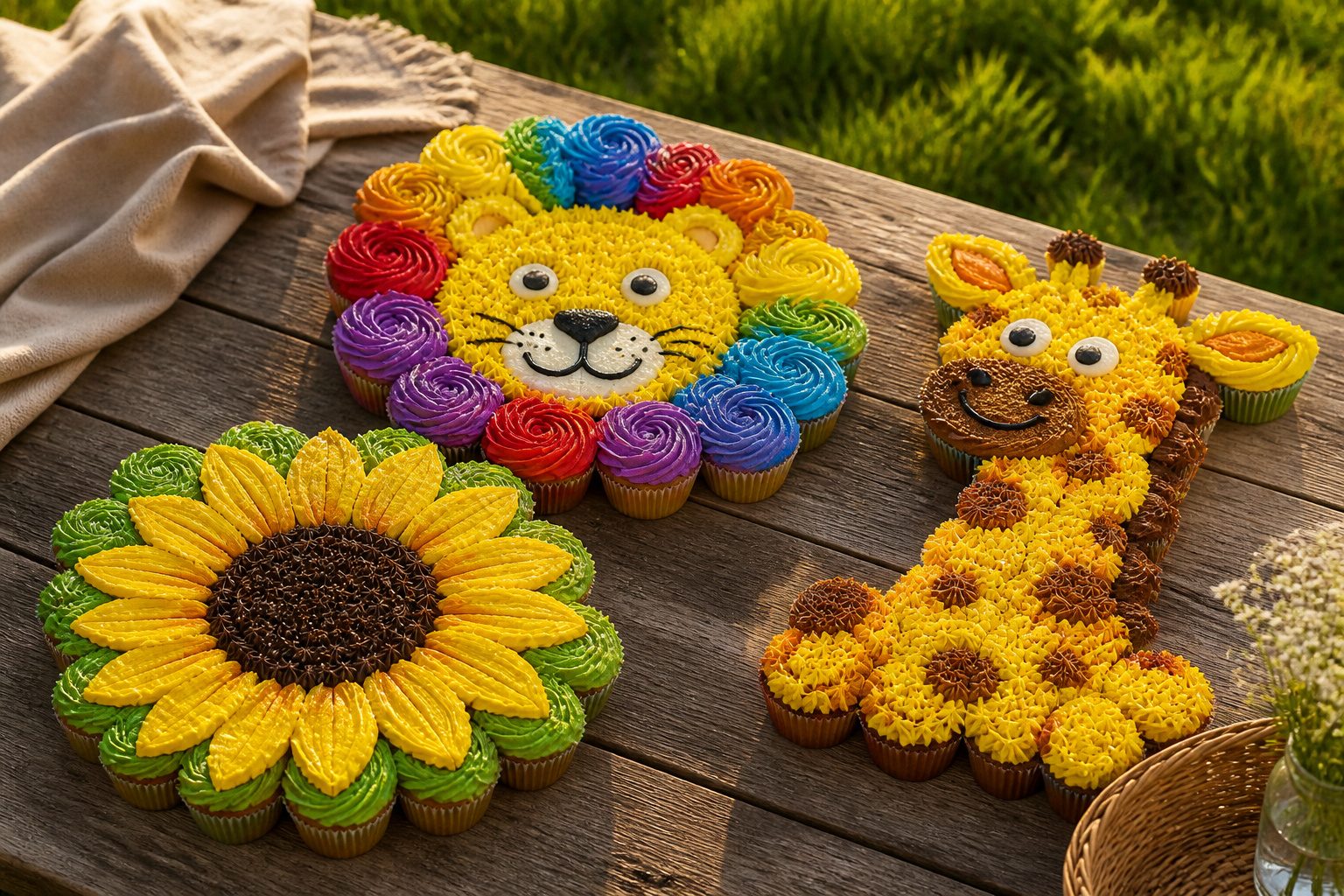 A variety of colorful cupcake cake designs arranged for display.