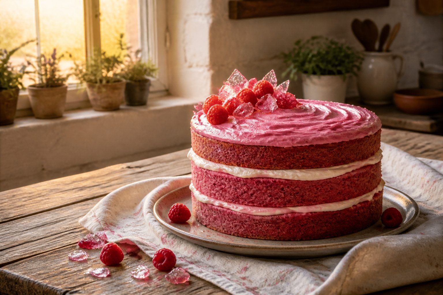 Various dark pink cakes displayed together for a celebration.