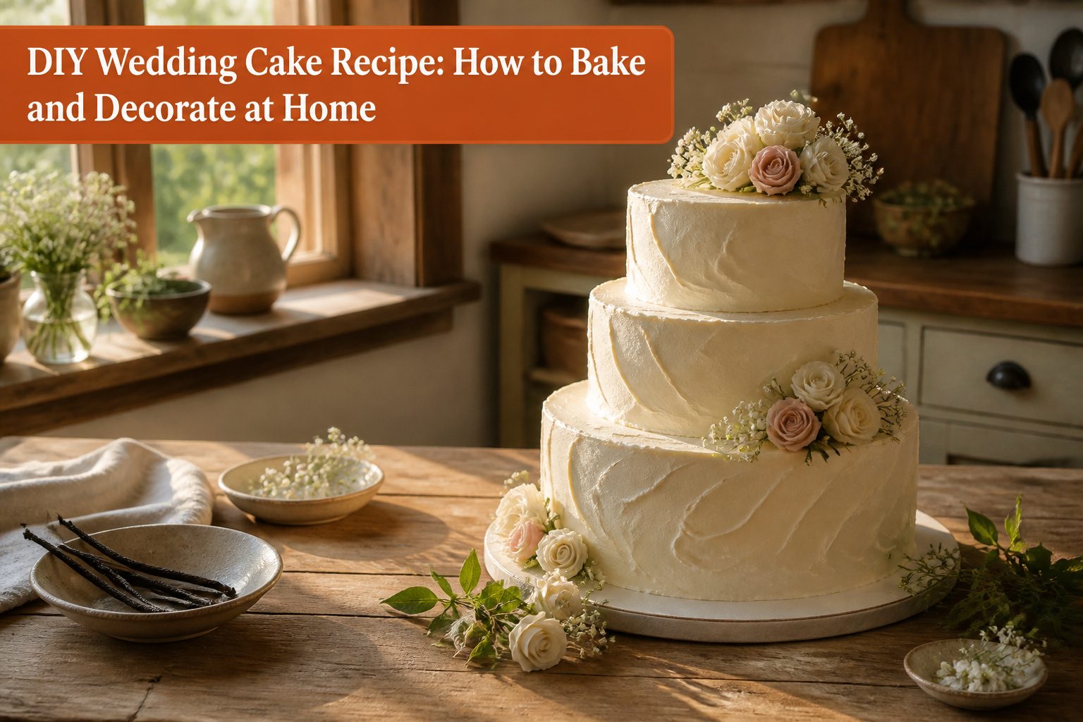 A three-tier wedding cake decorated with flowers and elegant frosting.