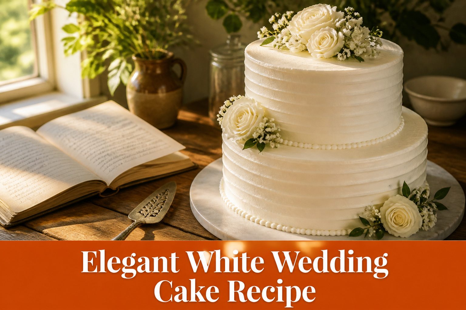 A white wedding cake with floral decorations in a garden setting.