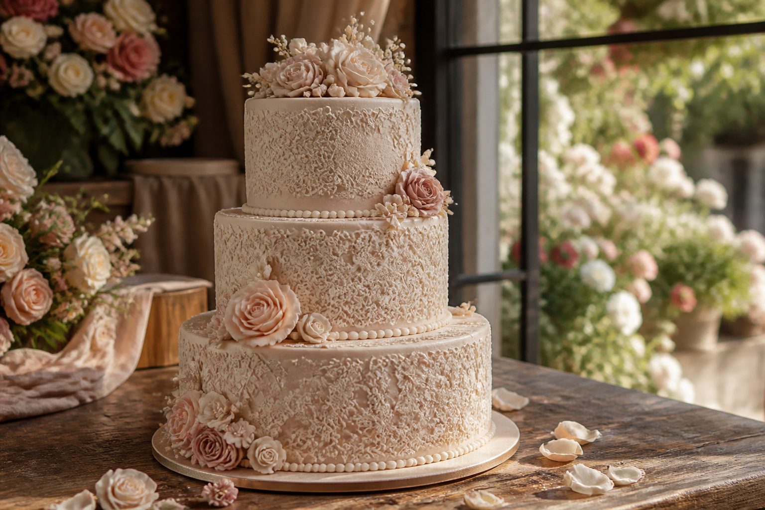 Various wedding cakes displayed with different designs and decorations.