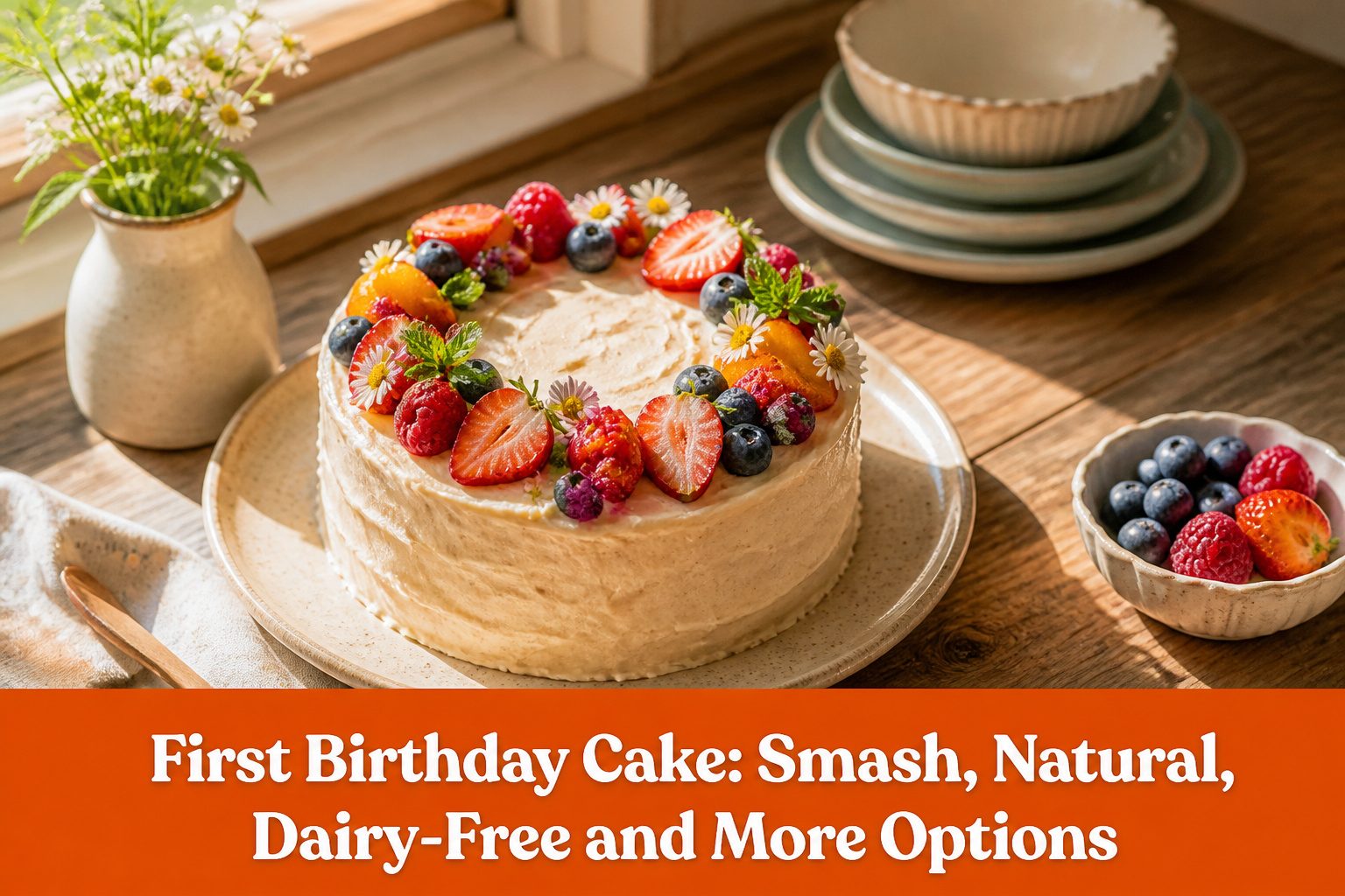 An assortment of colorful first birthday cakes on a table.