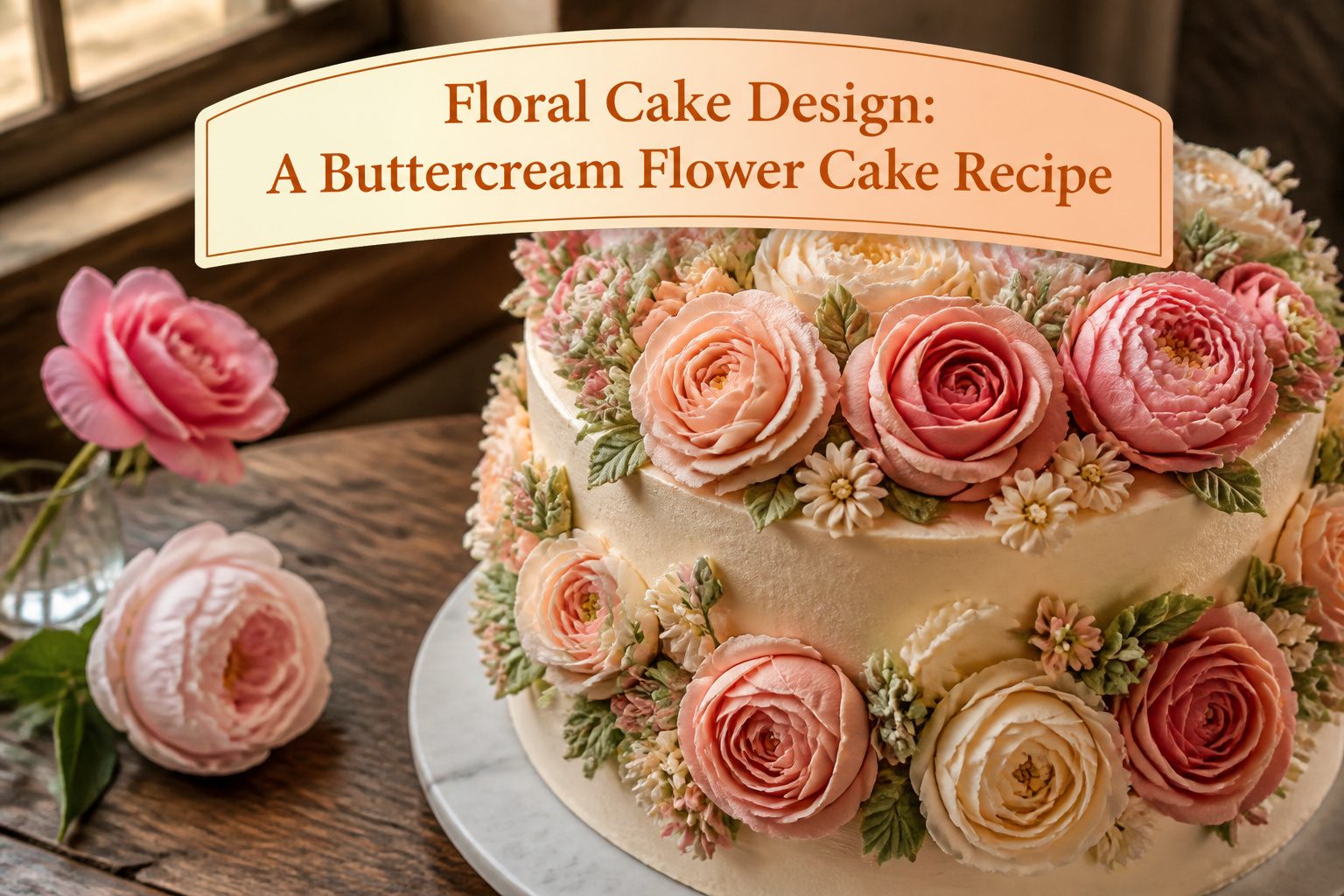 A beautifully decorated buttercream cake with various colorful flowers.
