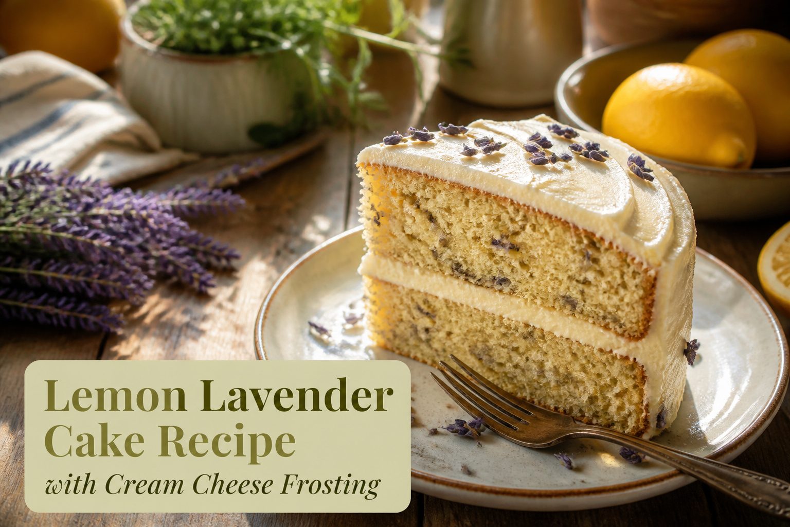 Lemon lavender cake with cream cheese frosting on a decorative stand.