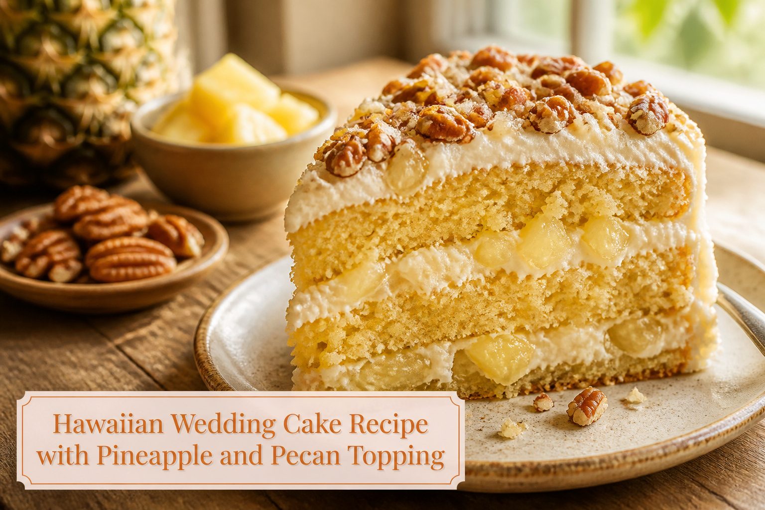 A Hawaiian wedding cake with cream cheese frosting, toasted coconut, and cherries.