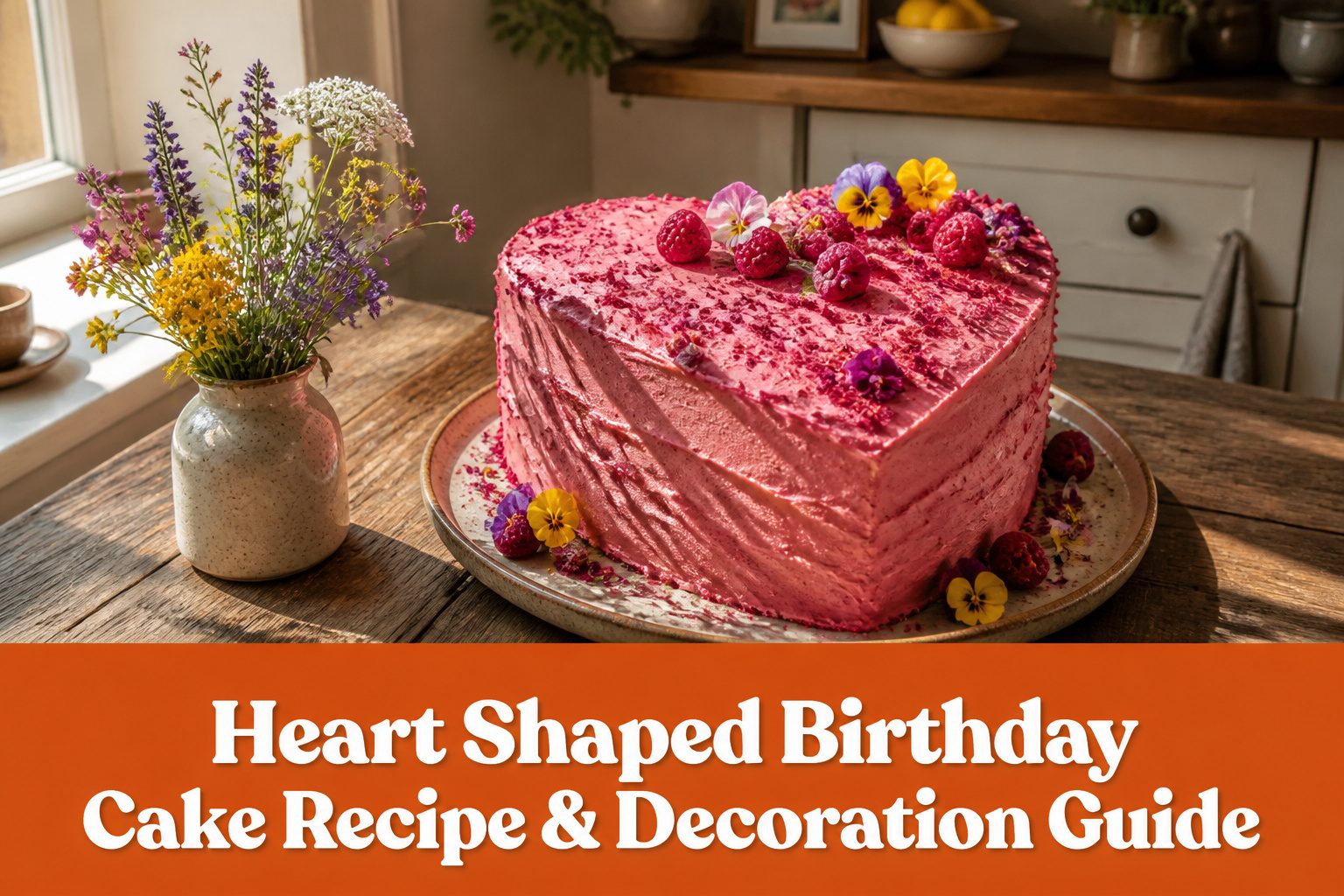Heart-shaped birthday cake with frosting and decorations.