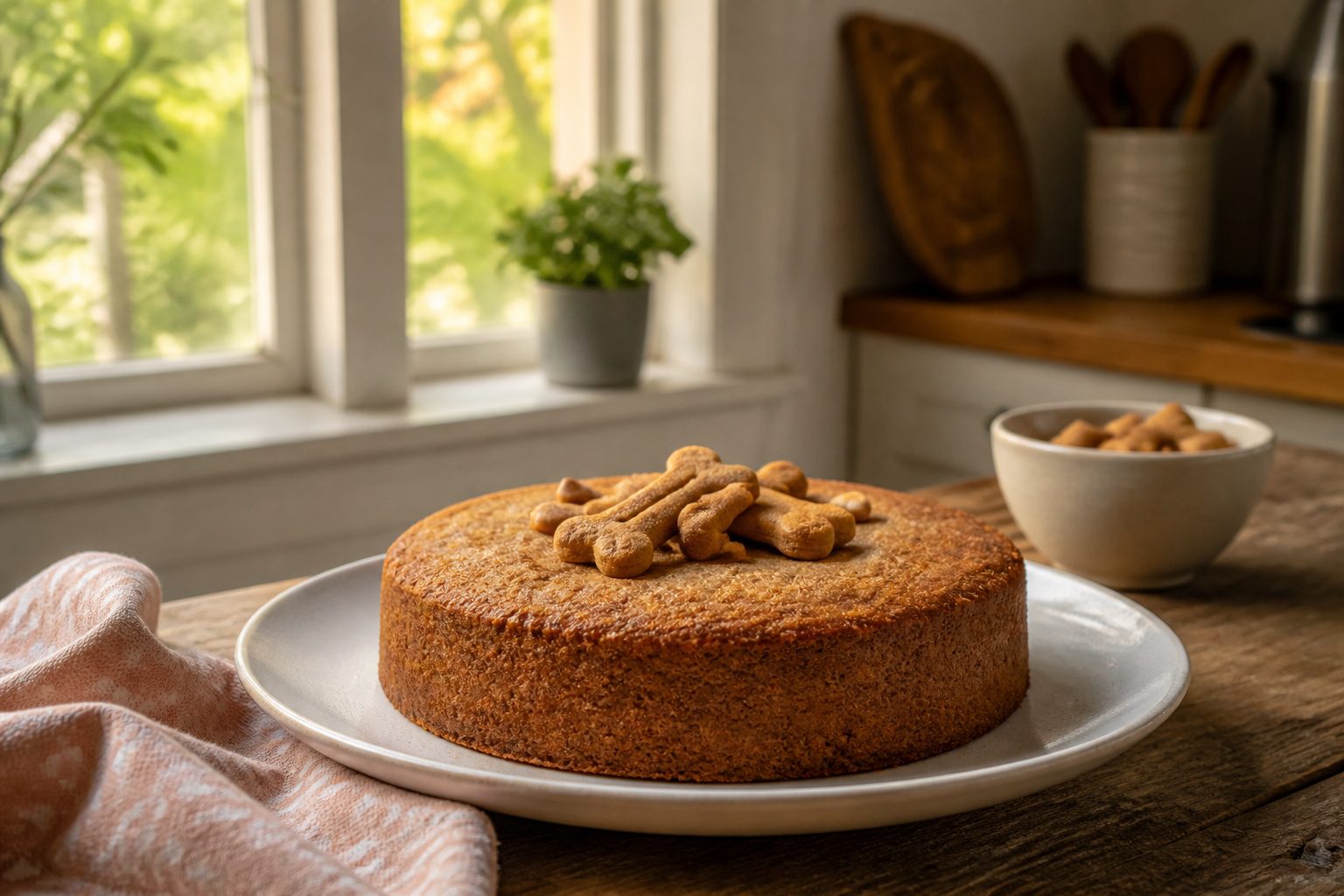 A homemade peanut butter dog cake on a decorative plate.