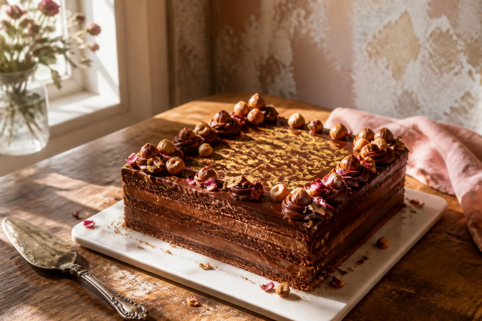 A beautifully decorated Marie Antoinette cake with layers and fresh flowers.