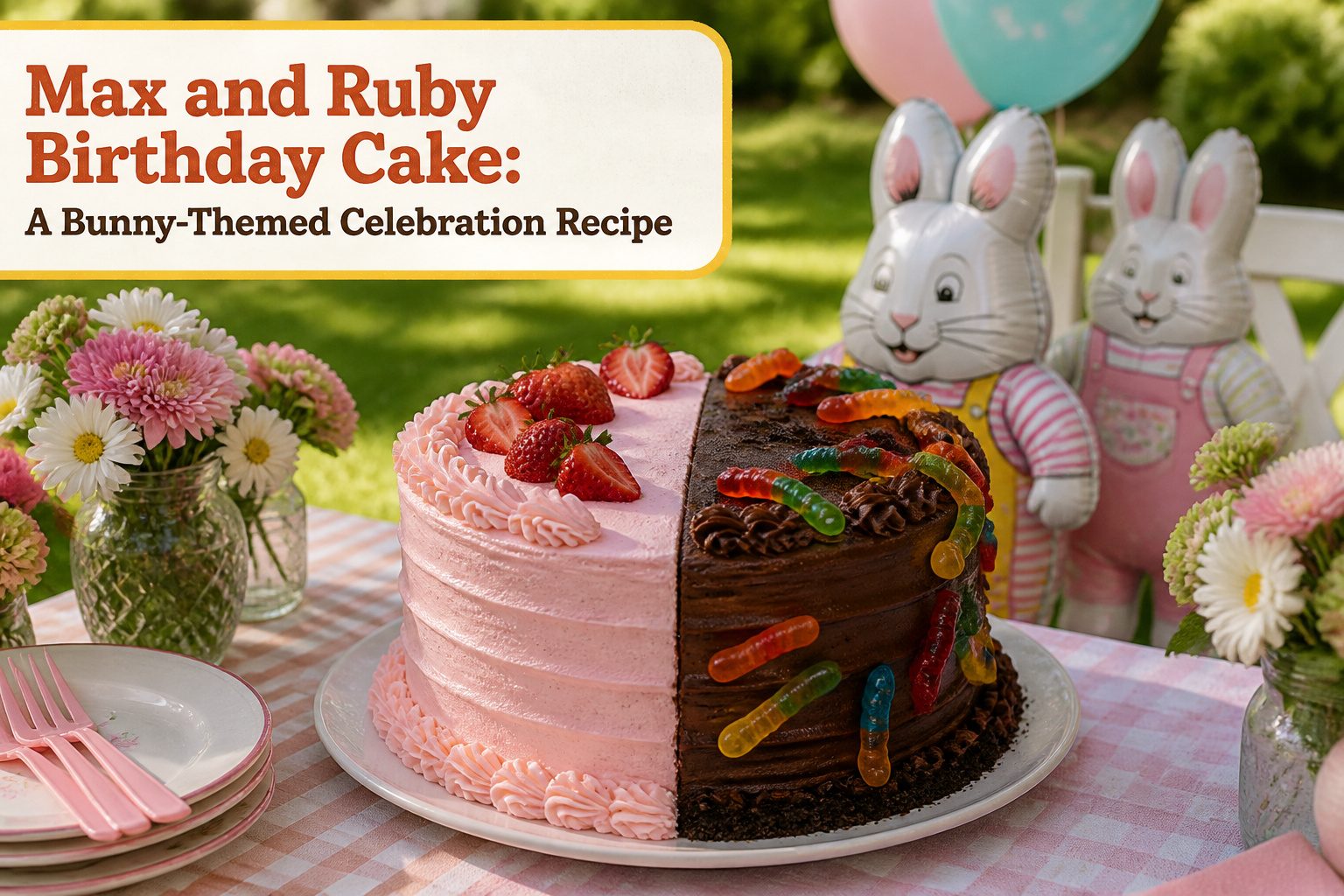 A Max and Ruby birthday cake with pink and chocolate frosting, decorated with gummy worms.