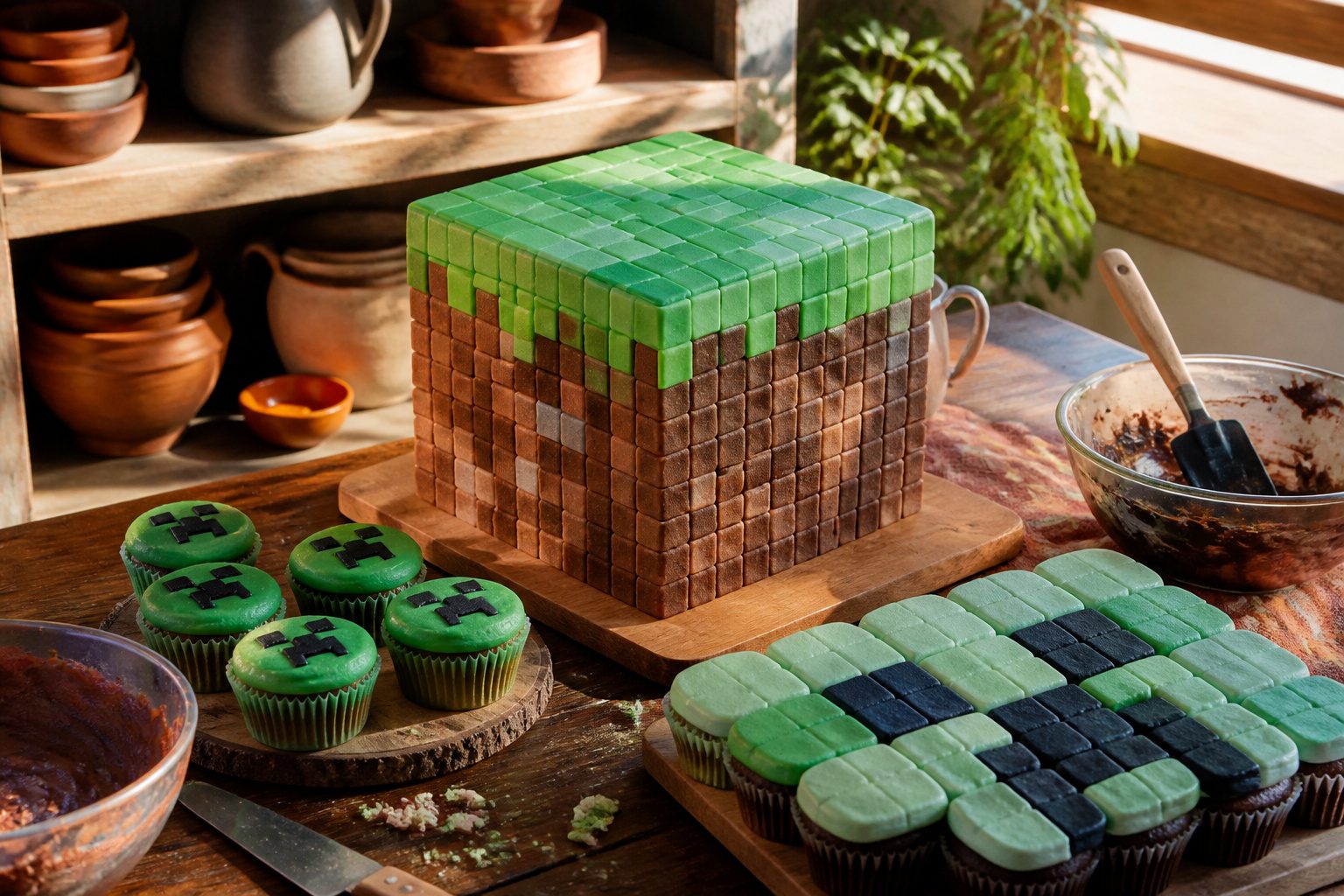 Various Minecraft-themed cakes displayed on a table.