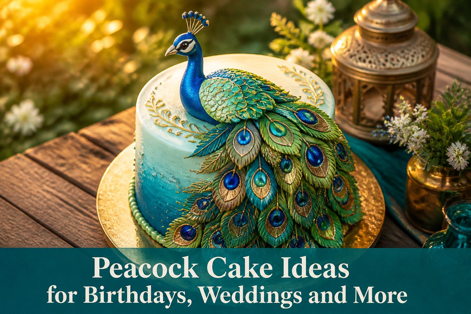 A colorful peacock cake with multiple layers and a peacock fondant decoration.