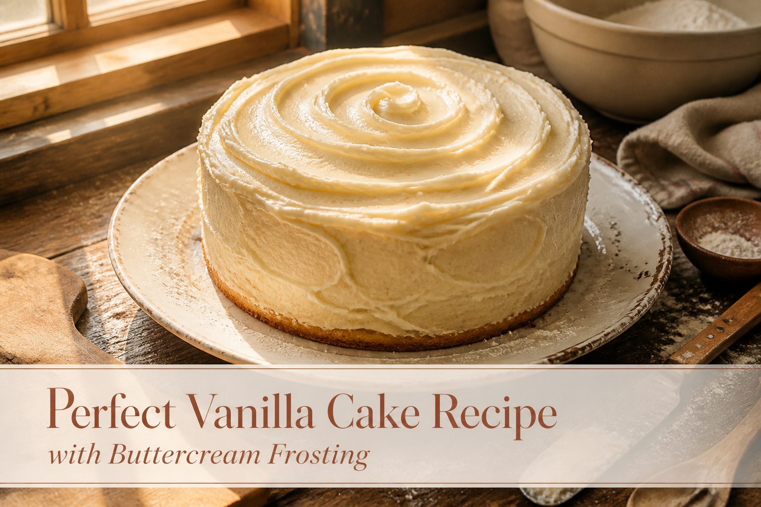 A vanilla cake with buttercream frosting and fresh fruit decoration.