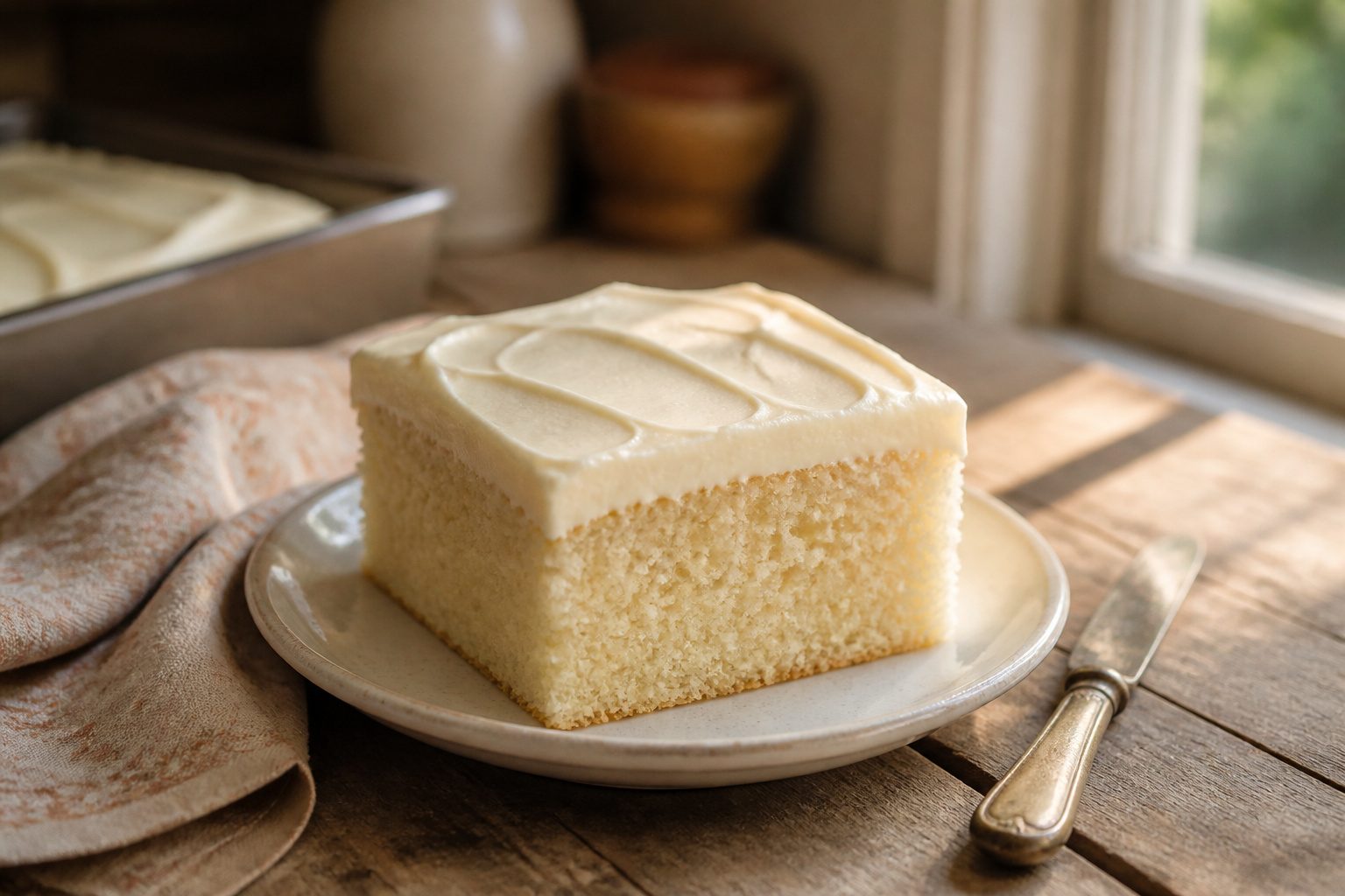 A frosted vanilla sheet cake on a marble countertop.