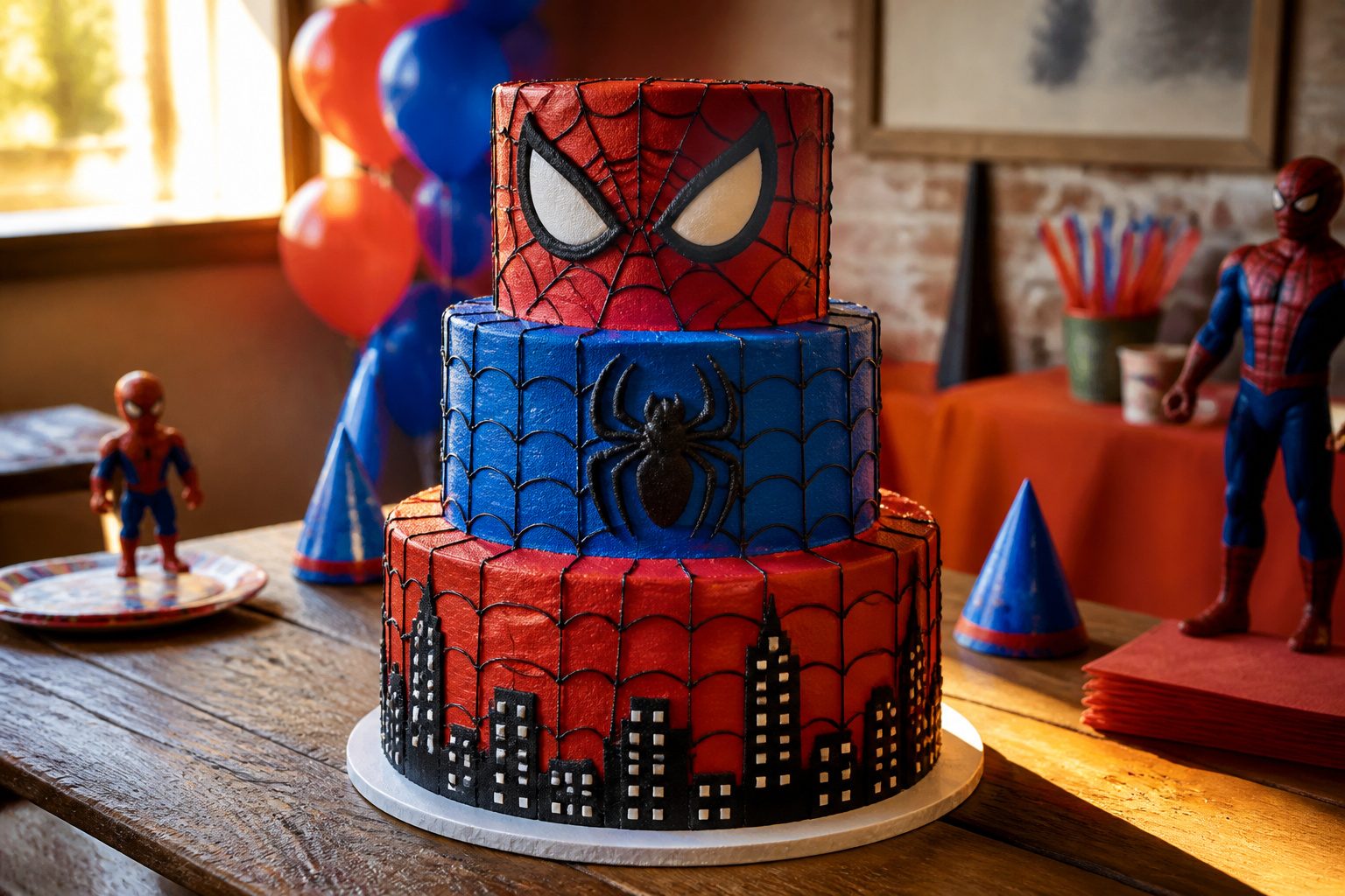 A Spider-Man cake with colorful decorations on a party table.