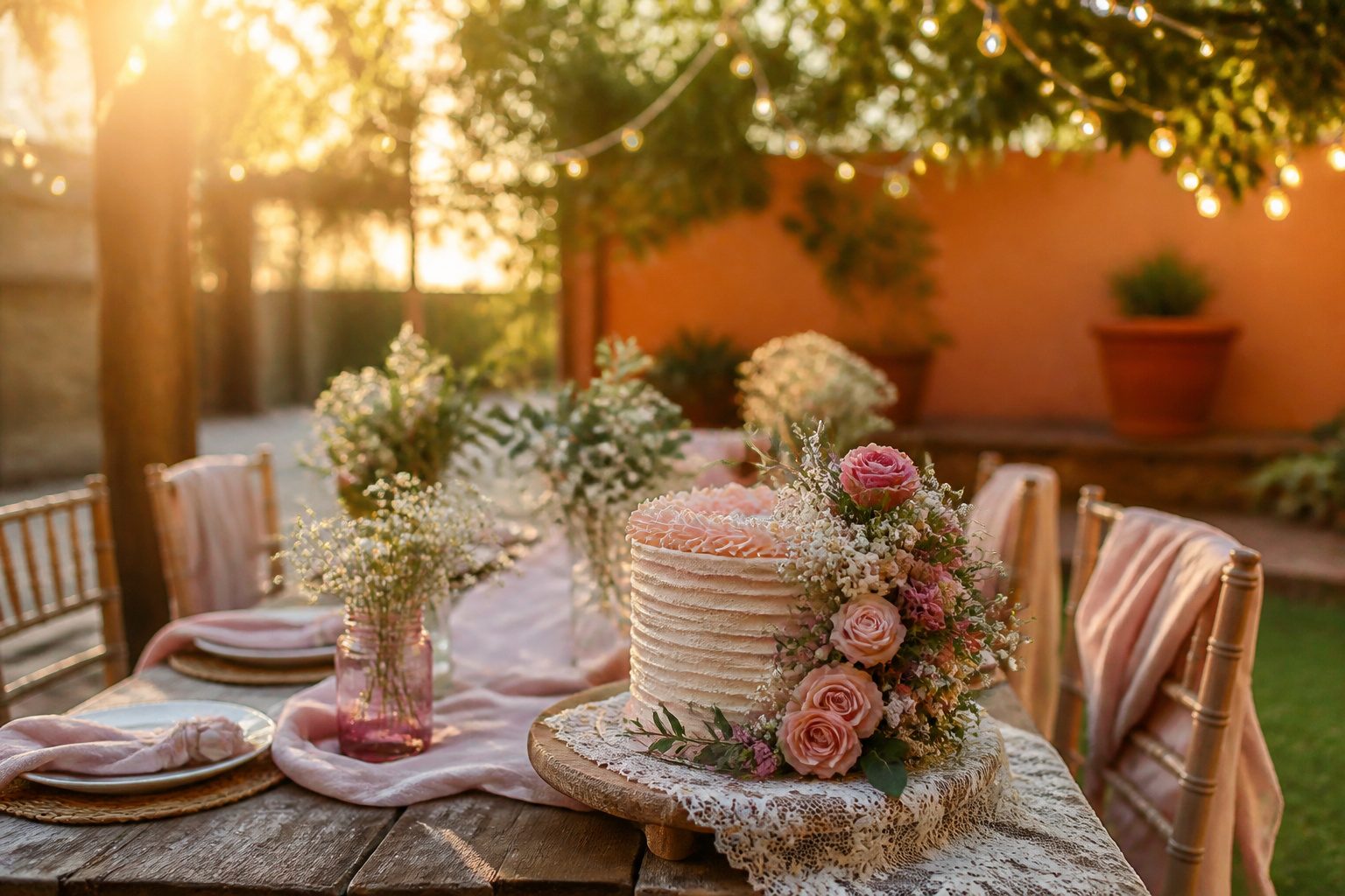 A lavish sweet sixteen party with decorations, food, and happy attendees.