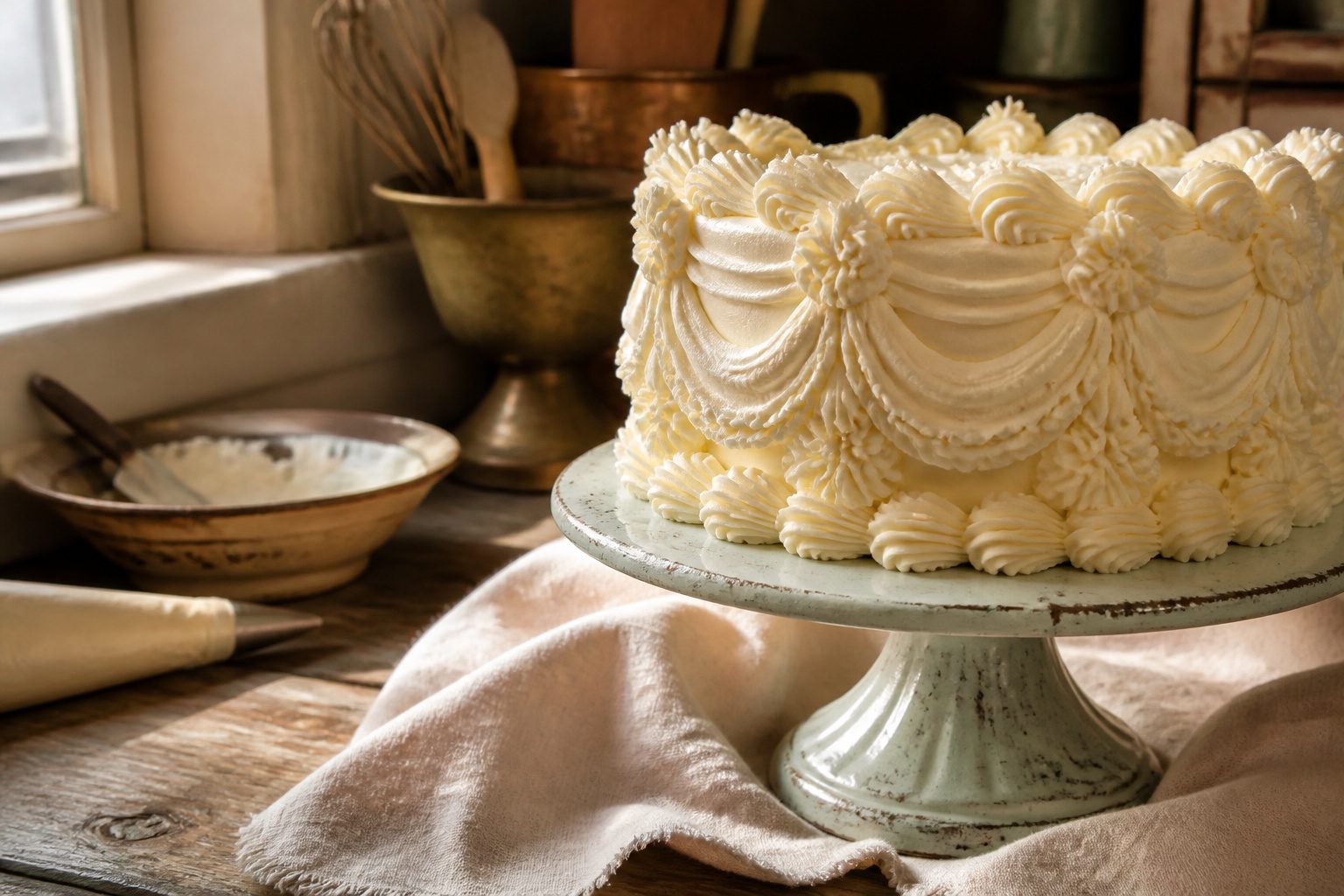 A vintage cake decorated with buttercream piping techniques and pastel colors.