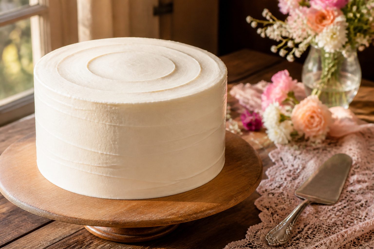 White cake with buttercream frosting and edible flowers on a wooden table.