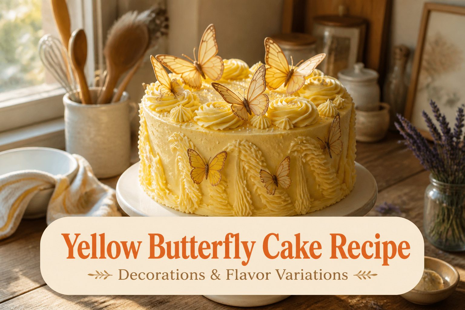 Yellow butterfly cake with buttercream frosting and piped butterflies on top.